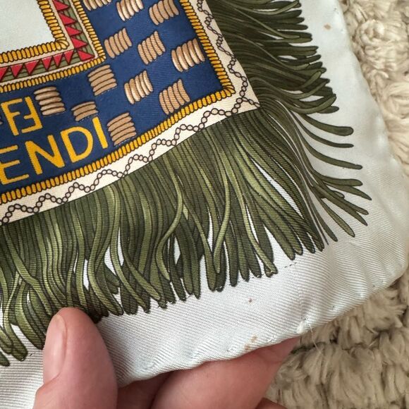 Vintage FENDI 100% Silk Scarf Tassel Rope Print 35x33” - Picture 9 of 14